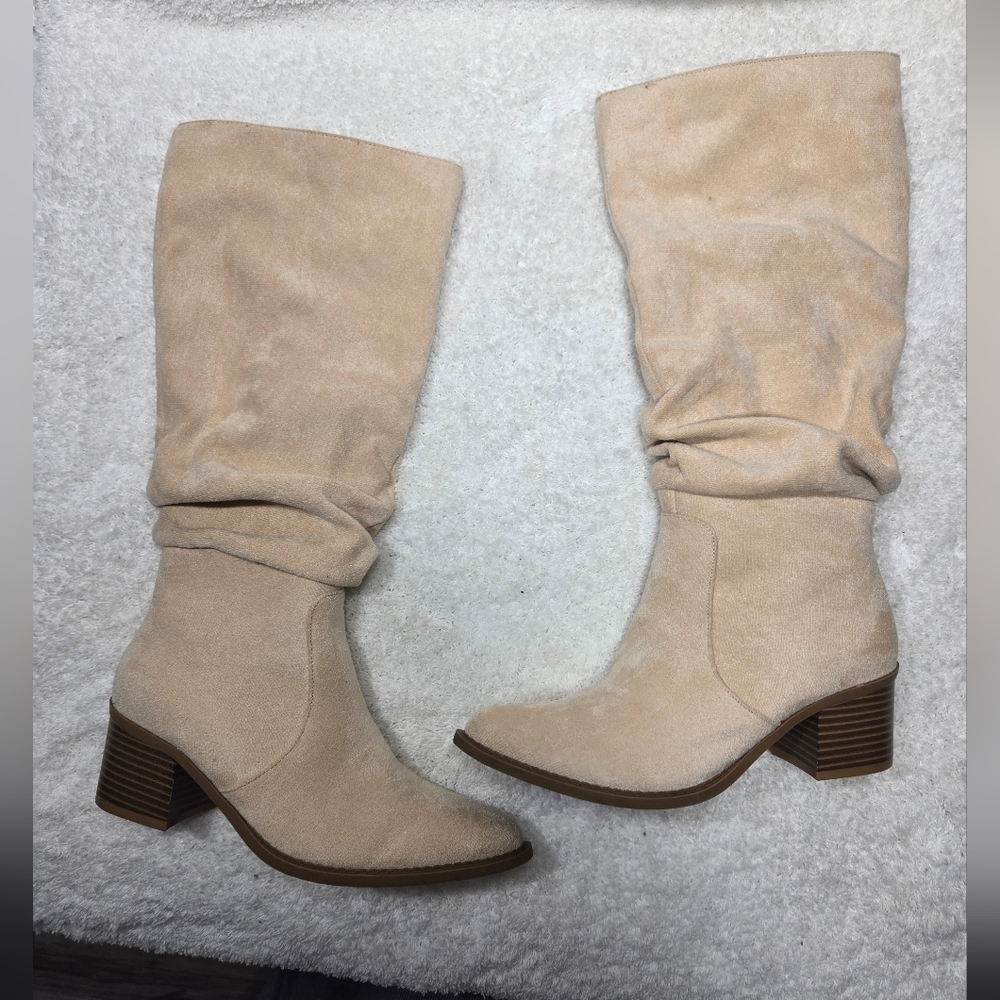 Athlefit Women's Chunky Heel Boots Faux Suede Pointed Toe Side Zipper S 5.5 Or 6 - Picture 3 of 9
